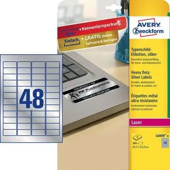 Avery labels 45.7 x 21.2 mm 8 sheets 48 labels per sheet Silver [537993 ...